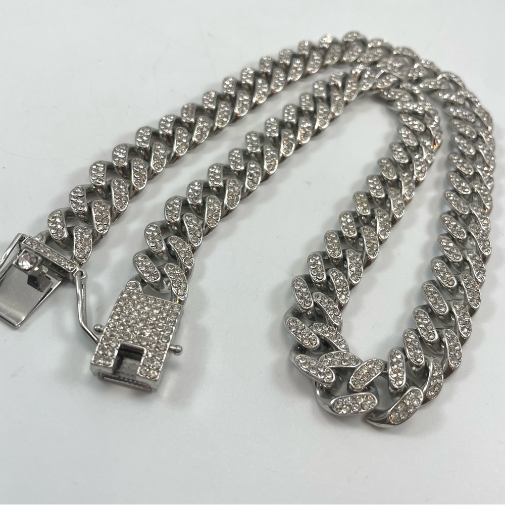 Silver Plated Miami Cuban Link Cubic Zirconia Bling Rhinestone Chain Stunning